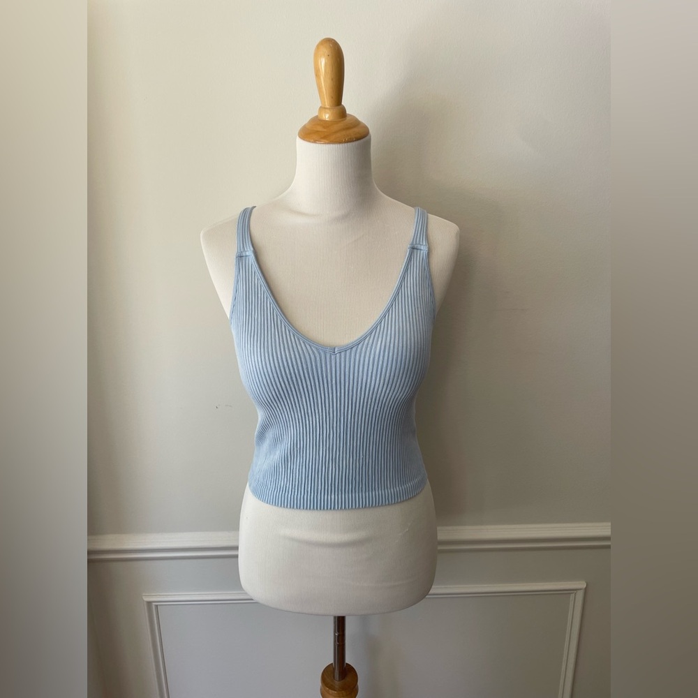Light Blue Ribbed Tank Top with Built-in Padded Bra